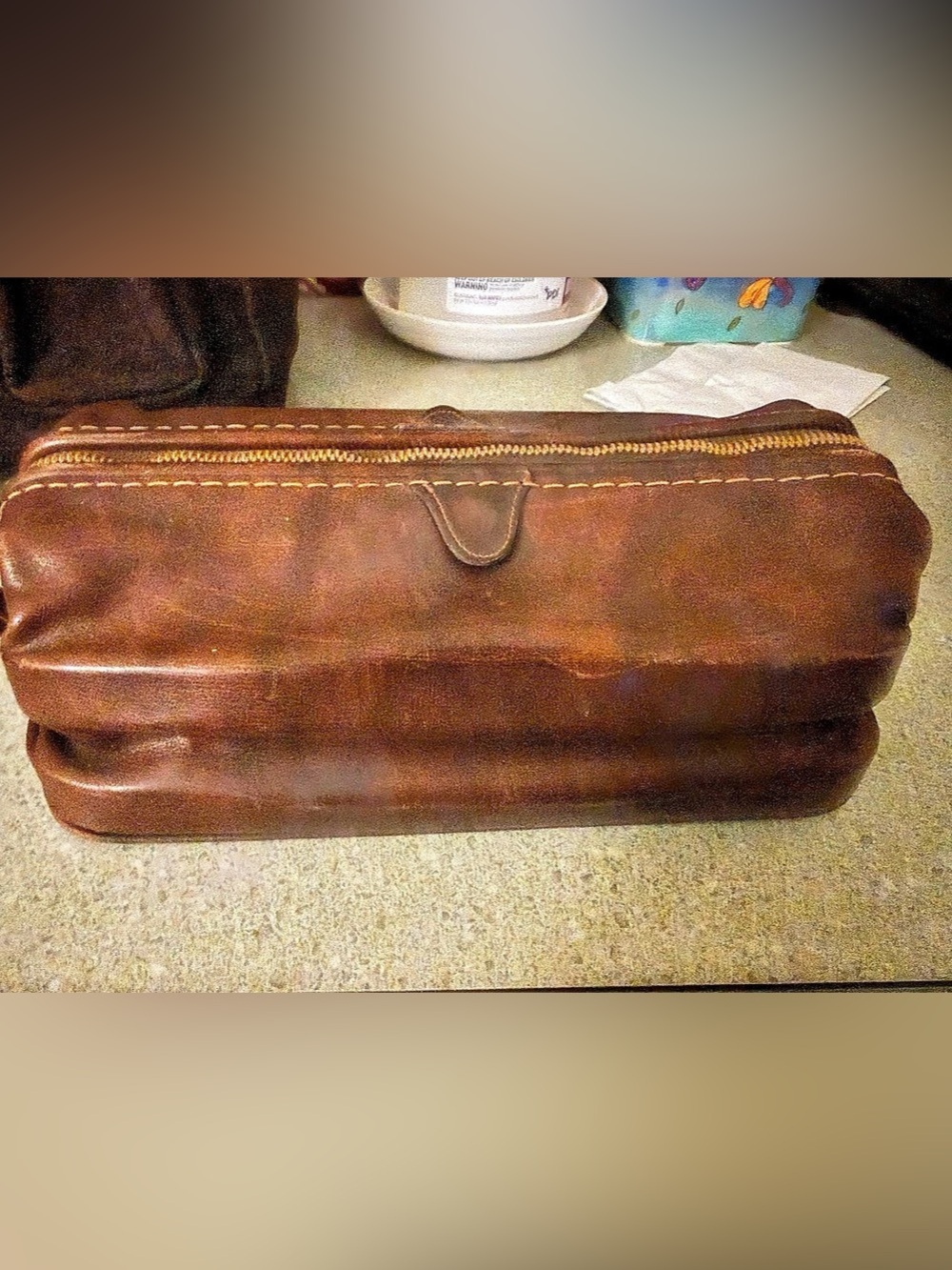 Vintage Handcrafted Full Grain Leather Dopp Kit Toiletry Bag